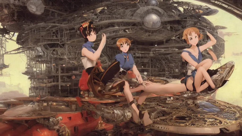 Image similar to a film still of a 1 9 5 0's mechanic anime girl sitting on top of flying ufo landing in hangar of giant ufo spaceship, sharp face focus, finely detailed features, full body mid shot, perfect art, trending on pixiv fanbox, painted by gaston bussiere, makoto shinkai, akihiko yoshida, gaston bussiere, craig mullins