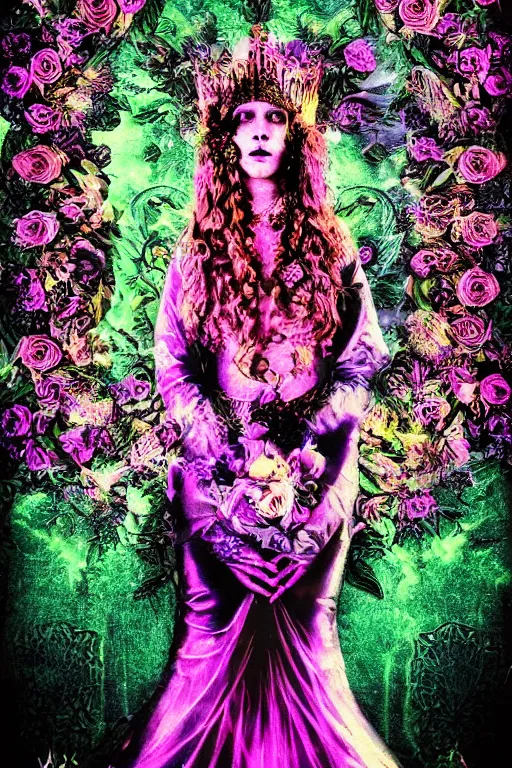 Image similar to Psychedelic black light style, nostalgia of a fairytale, elegant fairytale tower covered in roses, full body portrait of medieval princess, cottagecore, Exquisite, dramatic lighting