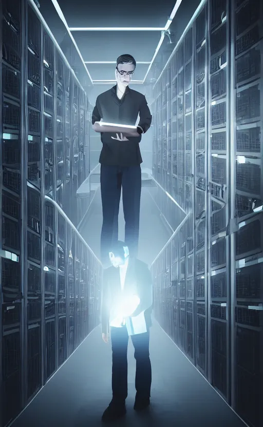 Prompt: scientist is holding a folder, he is in shock, dark building of server room, neon light, the folder glows and lights up his face, professional lighting, 3 d digital modeling, movie scene, concept art, detailed art,