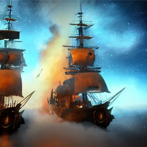 Prompt: 2 pirate ships naval battle in outer space, cannon smoke, blue nebula, unreal engine, realistic