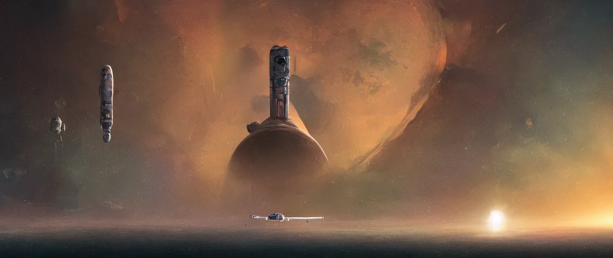 Image similar to illustration, a single small spaceship, deep space exploration, alone, the expanse tv series,industrial design, painted hull, hyperdetailed, the immensity of space, cinematic lighting, 4k, greebles, widescreen,  wide angle, sharp and blocky shapes, hubble photography, the final frontier, beksinski, neon lights