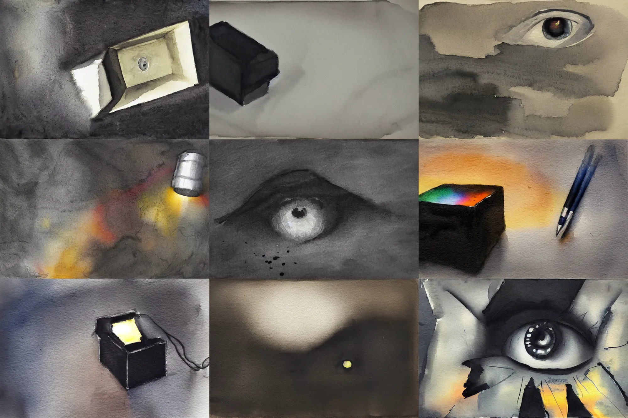 Prompt: a watercolor pen light of a black box with an eye, vivid, painterly, ethereal, chiaroscuro, thick brushstrokes, ominous