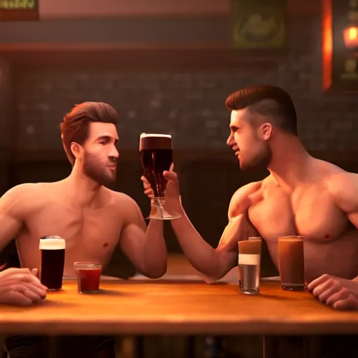 Image similar to cinematic scene with attractive male and another attractive muscular male, drinking their hearts out, in the pub, very detailed, volumetric lighting, still frame