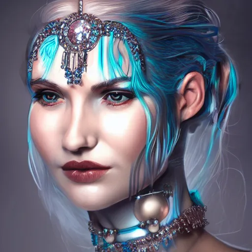 Image similar to ice face fractal jewellery portrait of a woman, inspired by mandy jurgens, face accessories, light make up, 4 k, high detailed, illustration