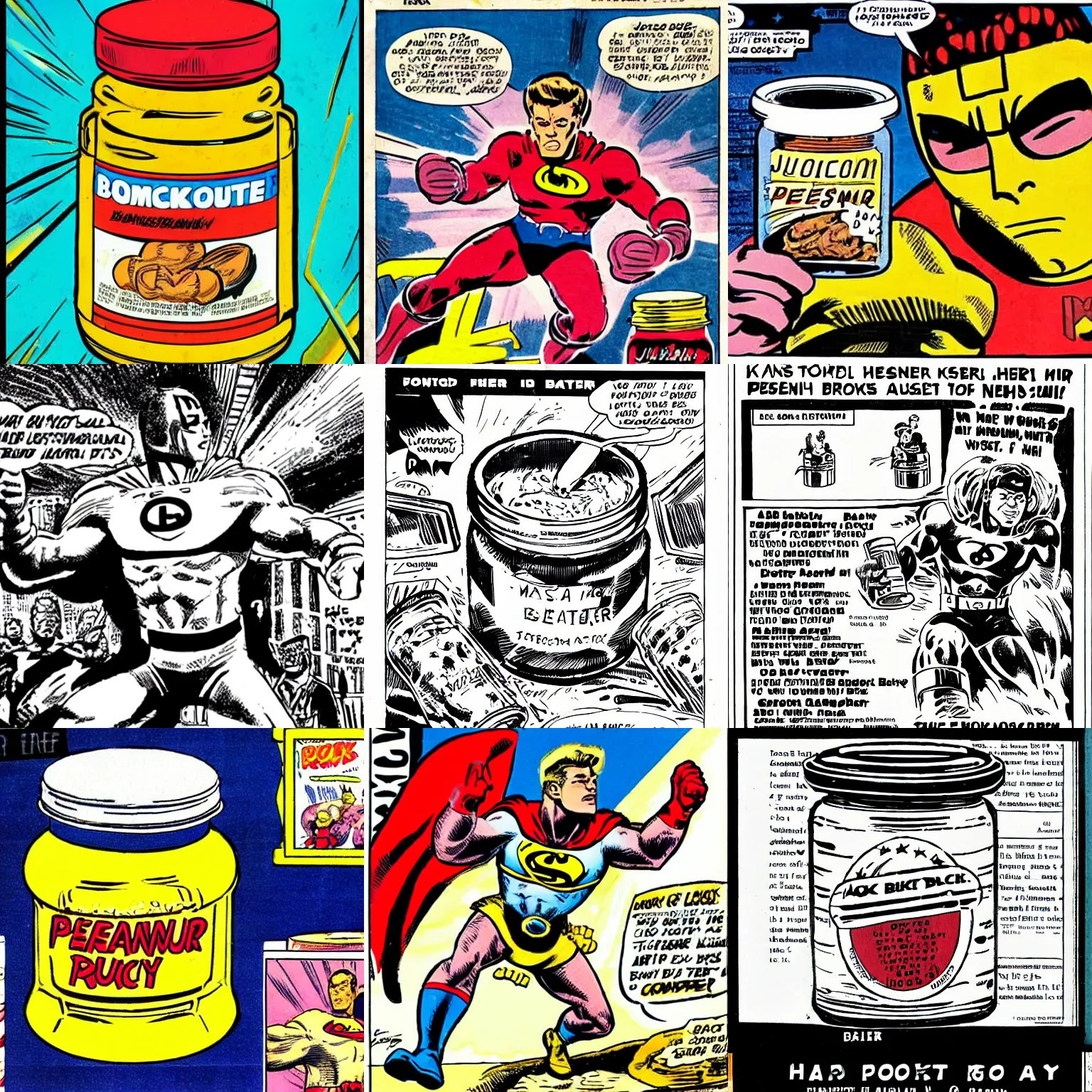 Prompt: jar of peanut butter as the hero on the front page of a comic book dc jack kirby