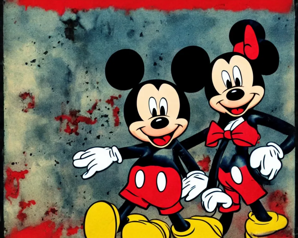 Image similar to a horror movie poster featuring Mickey Mouse