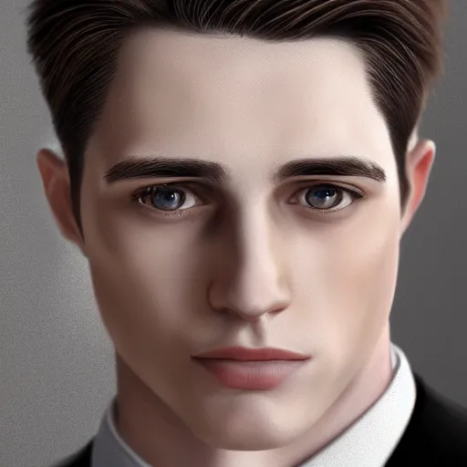 Prompt: photorealistic ultra detailed intricate 4 k digital painting of a young man with pale skin and short dark hair, clean shaven, smooth, ethereal, beautiful, stunning, wearing a business suit, trending on artstation