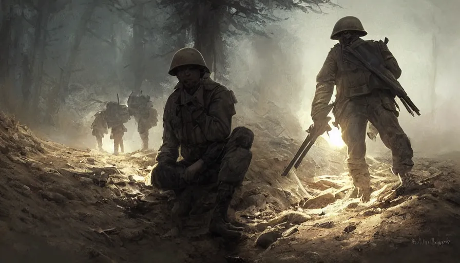 Prompt: beautiful digital painting of a lone survivor, one soldier after his squad killed in action in a trench waiting for the war to end. cinematic lighting and rendering, atmospheric, concept art, high detailed faces, artstation, underpainting by artgerm and greg rutkowski, overpainted by eddie mendoza, post process by ross tran
