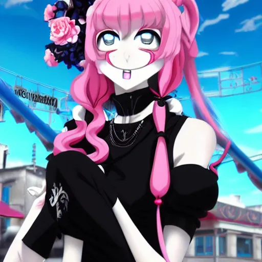 Image similar to trapped by junko enoshima, a stunningly beautiful omnipotent megalomaniacal anime asi goddess with symmetrical perfect face and porcelain skin, pink twintail hair and cyan eyes, taking control while smiling, inside her surreal vr castle, hyperdetailed, digital art from danganronpa, unreal engine 5, 2 d anime style, 8 k