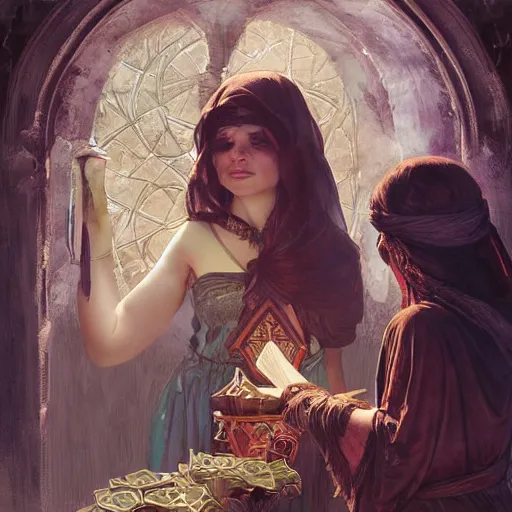 Image similar to a mesopotamian witch and her daughter buying and selling monster parts D&D, highly detailed, digital painting, artstation, concept art, sharp focus, illustration, cinematic lighting, art by artgerm and greg rutkowski and alphonse mucha