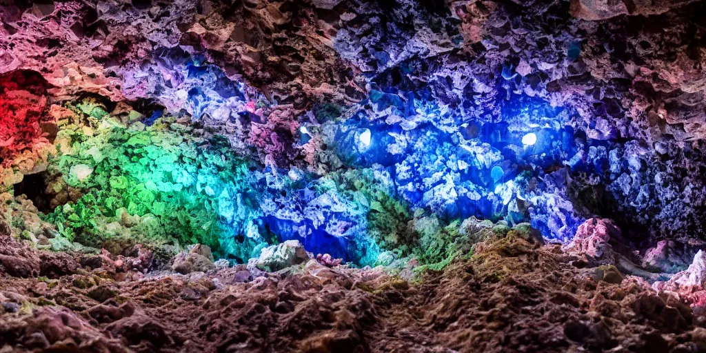 Image similar to multi-colored crystals in the depths of a mining cave, wide lens, diorama, 4k,