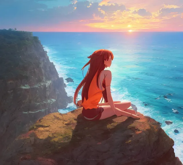 Image similar to a auburn-colored sitting on a cliff overlooking the sea. Atmospheric lighting, sunset, blue sea. By Makoto Shinkai, Stanley Artgerm Lau, WLOP, Rossdraws, James Jean, Andrei Riabovitchev, Marc Simonetti, krenz cushart, Sakimichan, trending on ArtStation, digital art.