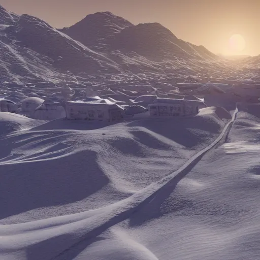 Image similar to a snowy village on mars, 8 k, highly detailed, unreal engine render