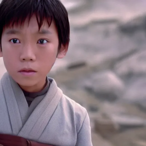 Prompt: cinematic still 6 year old asian boy luke skywalker