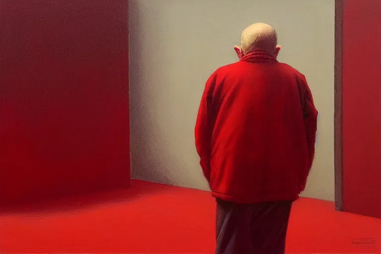 Image similar to only with red, a red old man try to sell a portrait, in a square, crowd cheering, in the style of beksinski, parts by edward hopper, parts by rodcenko, parts by yue minjun, intricate and epic composition, red by caravaggio, insanely quality, highly detailed, masterpiece, red light, artstation, 4 k