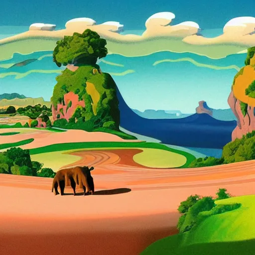 Image similar to hanna barbera, beige imposing, fine by alex ross. a illustration of a landscape. it is a stylized & colorful view of an idyllic, dreamlike world with rolling hills, peaceful animals, & a flowing river. the scene looks like it could be from another planet, or perhaps a fairy tale.