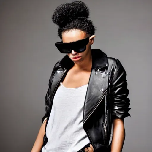 Prompt: This model is wearing the latest in avant garde fashion. She has on a pair of ripped jeans with a hole in the knee, a white tank top, and a black leather jacket. Her hair is styled in a messy bun, and she is wearing a pair of black sunglasses.