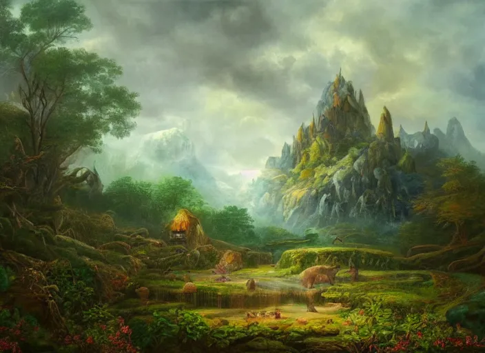 Prompt: An ancient enchanted dreamscape, a memory of a forgotten land, landscape, oil painting, majestic, detailed, high resolution