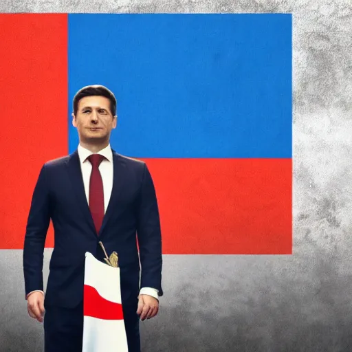 Prompt: zelensky against the background of the russian flag, a clear photo in color