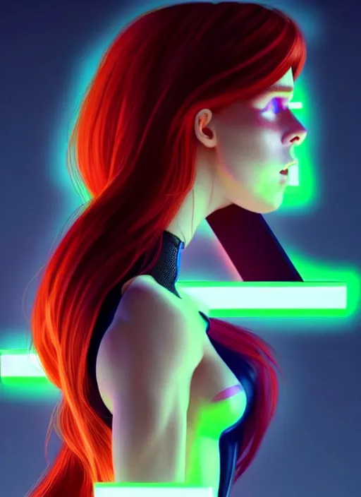 Image similar to an extremely beautiful redhead american female humanoid with freckled cheeks, cyber neon lighting, by loish, d & d, fantasy, futurism, cyberpunk fashion clothes, elegant profile posing, perfect anatomy, hyper photorealistic, digital photography, artstation, pinterest, concept art, art by pascal blanche and greg rutkowski,