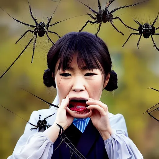 Prompt: National Geographic photo of angry japan school girl with spiders in her mouth