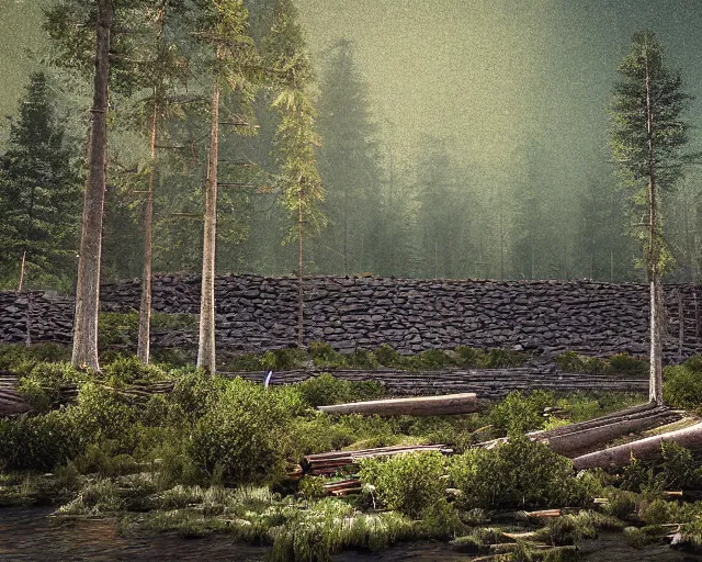 Prompt: A forested logging valley with great walls, the Avolynn Vallience, digital art, detailed, hyper-realistic