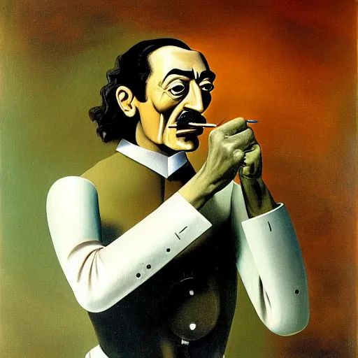 Prompt: Salvador Dali, Man holding a paintbrush screaming at a robot