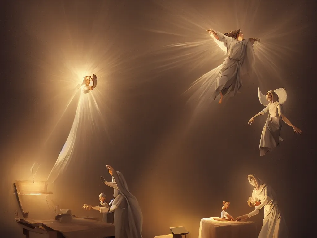 Image similar to the annunciation with mary on the left and archangel on the right, with a beam of light coming down from the top right towards mary on the left, by goro fujita, trending on artstation, 8k, highly detailed, digital graphic art