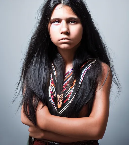 Image similar to professional, incredibly detailed headshot of a native american cherokee teenage girl with dark hair, beautiful eyes, a rebellious look, choppy hair, symmetrical features, realistic 8 k professional photography, midday lighting, defiant, octane, volumetric lighting, 7 0 mm, beautiful