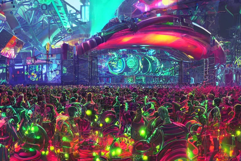 Image similar to an outdoor festival stage with audience, center of the stage is a big futuristic dieselpunk machine with gears and belts and tubes, rock musicians on the stage, laser show, 8 k, fluorescent colors, halluzinogenic, multicolored, exaggerated detailed, unreal engine