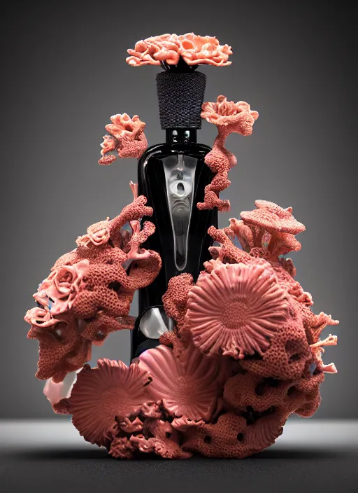 Image similar to perfume bottle standing in a miniature biomechanical black enchanted coral kingdom made of corals, daisies, roses in an ivory room well contoured smooth fair walls, up close shot, sharp focus, global illumination, radiant light, alexandre ferra white mecha, irakli nadar, octane highly render, 4 k, ultra hd,