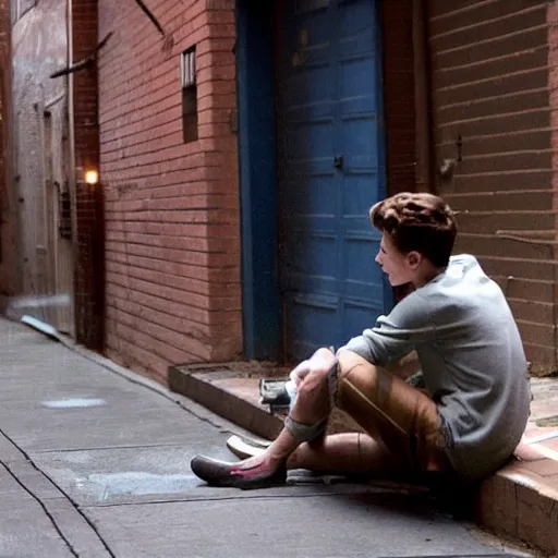 Image similar to tom holland smoking a cigarette outside of an alleyway, cinematic lighting, photorealistic