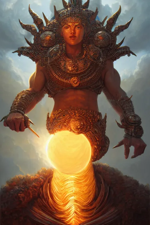 Image similar to humanoid god of the sun, highly detailed, d & d, fantasy, hyper detailed, digital painting, trending on artstation, apollo, concept art, sharp focus, illustration, art by artgerm and magali villeneuve and greg rutkowski and michael whelan, cryengine, 8 k realistic atmospheric lighting, frostbite 3 engine