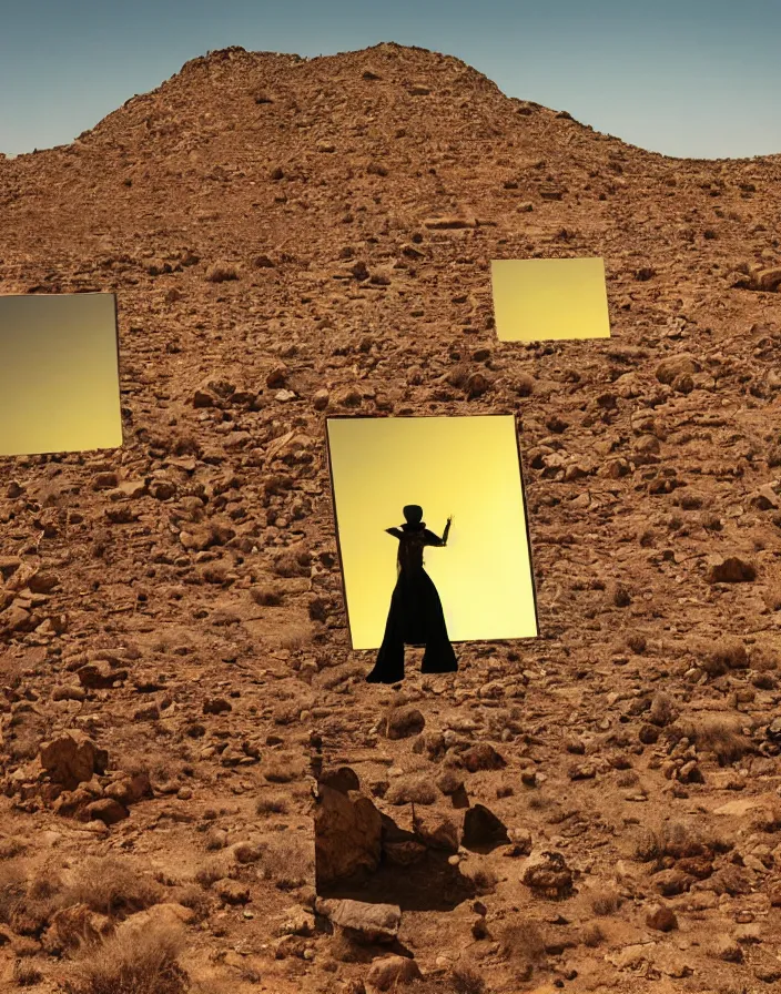 Image similar to levitating ghost silhouette with full - face golden mask in a dry rocky desert landscape, visible sky and sunny atmosphere, fata morgana and giant square mirrors by alejandro jodorowsky, anamorphic lens, kodakchrome, practical effects, masterpiece, 8 k