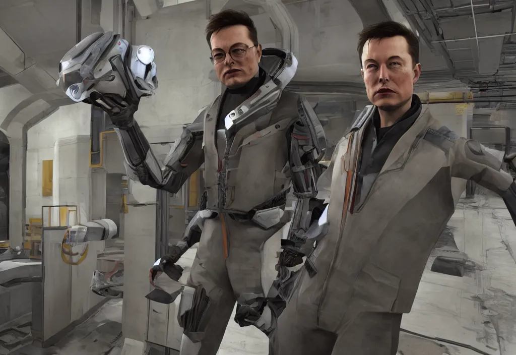 Image similar to elon musk in half life, elon musk in the video game half life, gameplay screenshot, close up, 3 d rendering. unreal engine. amazing likeness. very detailed.