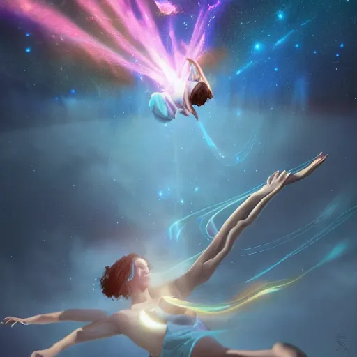 Prompt: a woman leaving her body, astral projection, astral travel, space background, cinematic, detailed, very realistic, trending on Artstation, Cgsociety