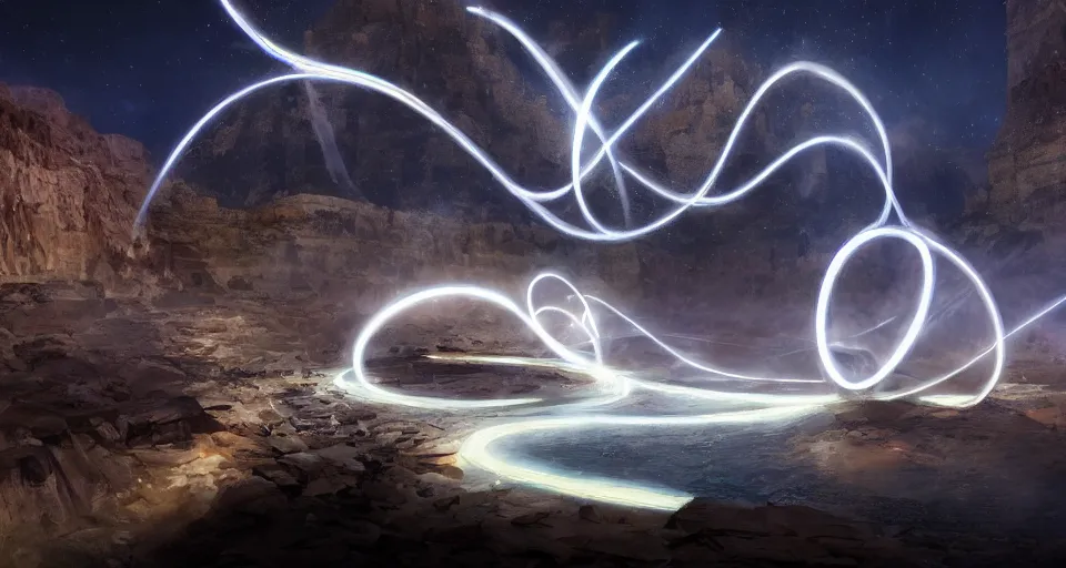 Image similar to night, a lot of people and a spiral - shaped white luminous attractor is floating in grand canyon, concept art, art for the game, professional lighting, art