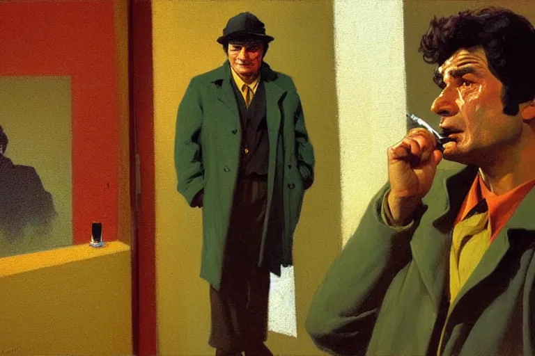 Prompt: police detective columbo ( played by young peter falk ) in his messy trenchcoat, smoking a cigar while rubbing his head. 1 9 8 0 s oil painting in the style of edward hopper and ilya repin gaston bussiere, craig mullins. warm colors. detailed and hyperrealistic.