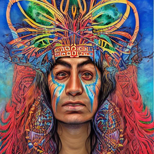 Prompt: shamanic art by anderson debernardi and pablo amaringo