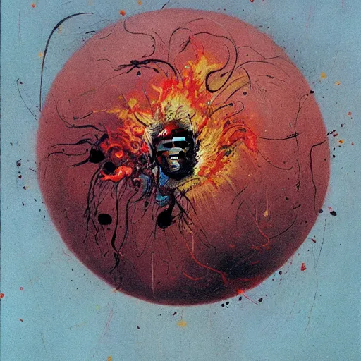 Image similar to a sphere being devoured by abstract splatters of paint in the style of francis bacon, venus being engulfed in flames in the style of james jean, surreal, beksinski, high detailed