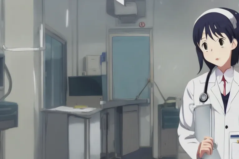 Image similar to a cute young female doctor wearing white coat are working in an emergency department , slice of life anime, cinematic, lighting, 8kHDR, anime scenery by Makoto shinkai