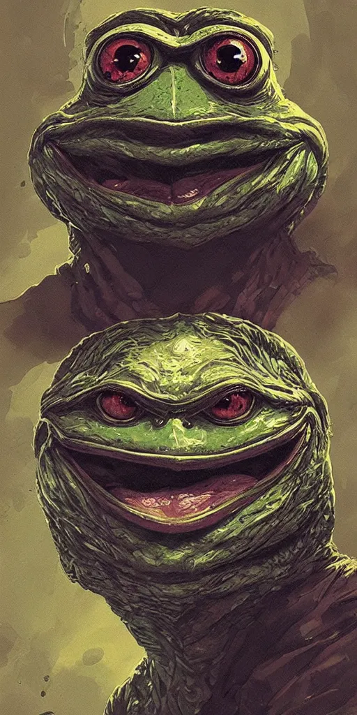 Prompt: Portrait of Pepe The Frog, marvel comics, dark, intricate, highly detailed, smooth, artstation, 4k digital illustration by Greg Rutkowski