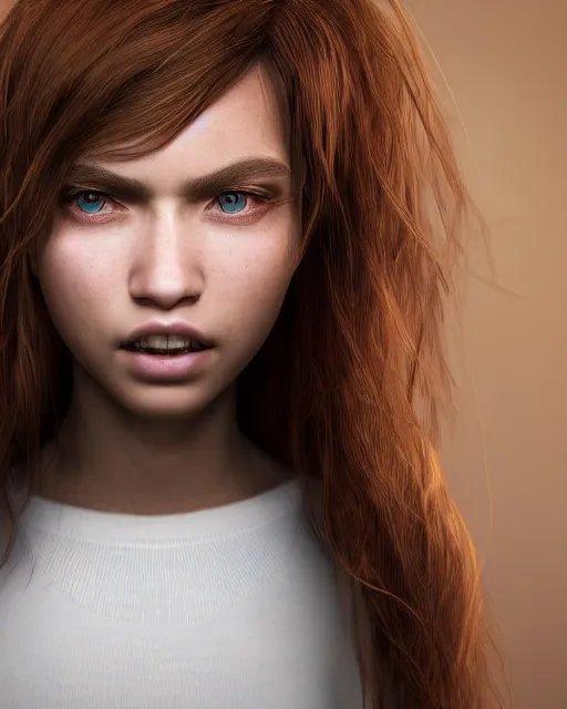 Image similar to symmetry!! portrait of 1 5 - year - old girl with voluminous bushy brown hair, large front teeth, and bright piercing brown eyes, unreal 5, daz, hyperrealistic, octane render, cosplay, rpg portrait, dynamic lighting