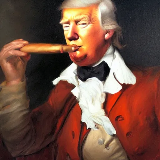 Prompt: oil painting portrait of Donald Trump smoking a cigar, Gilbert Stuart style