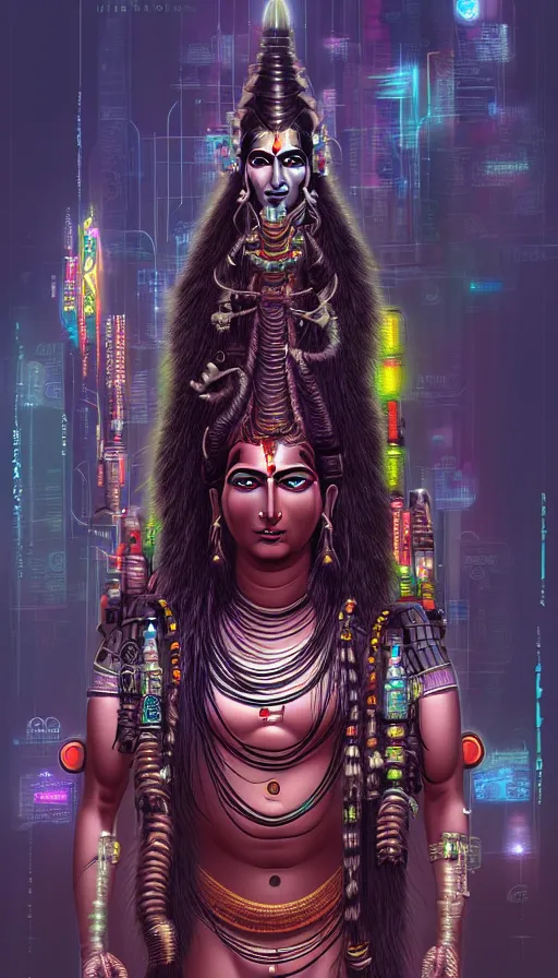 Image similar to indian god shiva, cyberpunk art by kuno veeber, cgsociety, computer art, ultra detailed, futuristic, anime aesthetic