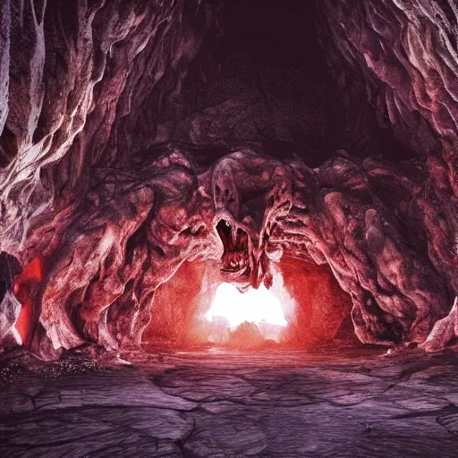 Prompt: deep in a large open cavern in a crystal cave there is a gigantic demonic portal to hell, fantastic composition