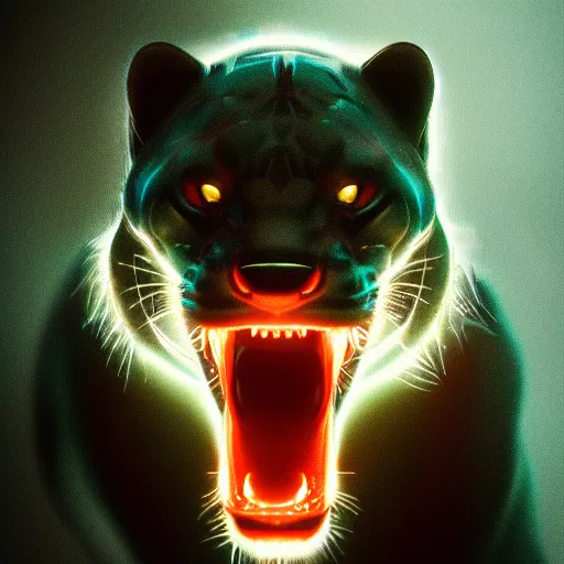 Image similar to portrait of a neon cyberpunk jaguar animal snarling, octane render