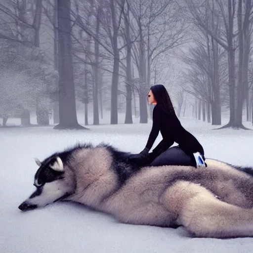 Image similar to girl riding on a giant husky in a snowy park, trending on art station