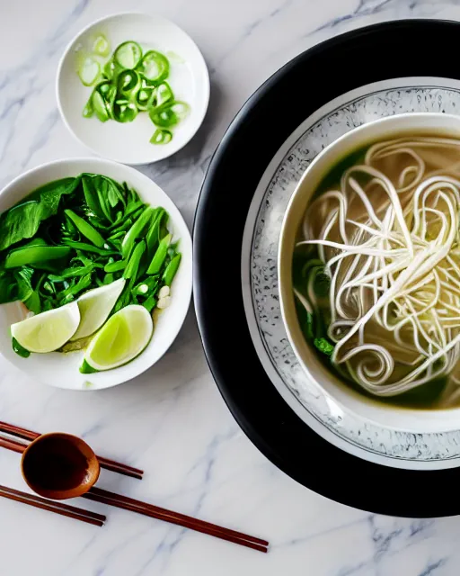 Image similar to realistic photo of delicious pho, bowl, white kitchen table, marble, highly detailed, by louise lister, sara ali, mary devinat, kailee mandel, masterpiece, award winning, food photography