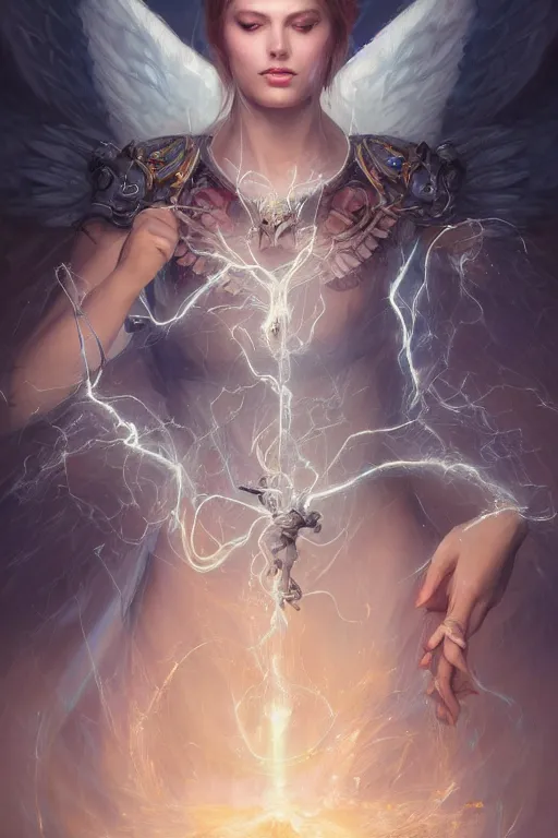 Image similar to portrait of a beautiful model casting magic spell holding electricity, angel, fantasy, dramatic lighting, highly detailed, digital painting, holding electricity, magic the gathering, hyper detailed, 3 d render, hyper realistic detailed portrait, peter mohrbacher, wlop, ruan jia